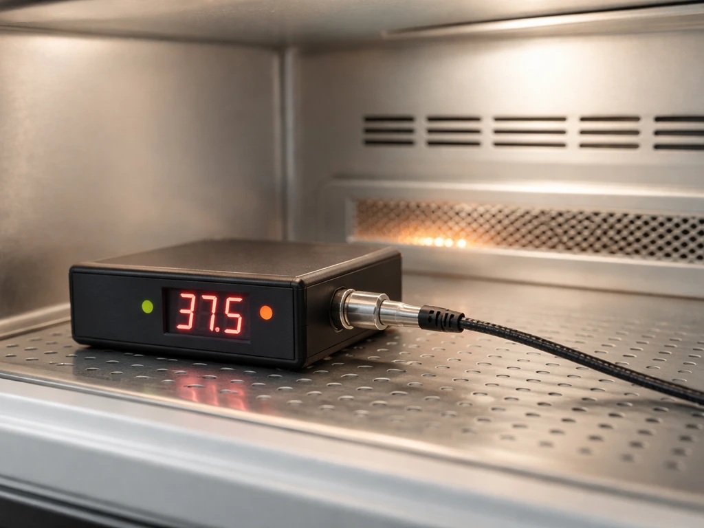 Close-up of an incubator temperature controller with probe and heater showing precise regulation.