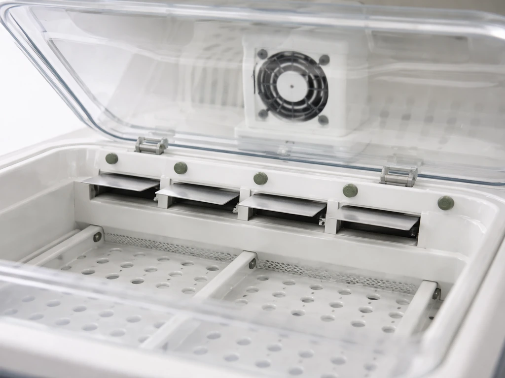 Close-up of an open incubator showing adjustable vents and internal air channels for airflow exchange.