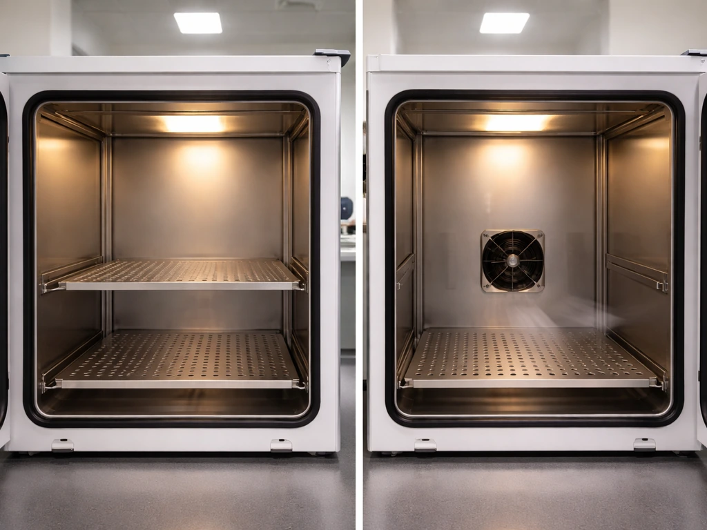 Split view of two incubator interiors—one still-air without a fan and one forced-air with a fan.