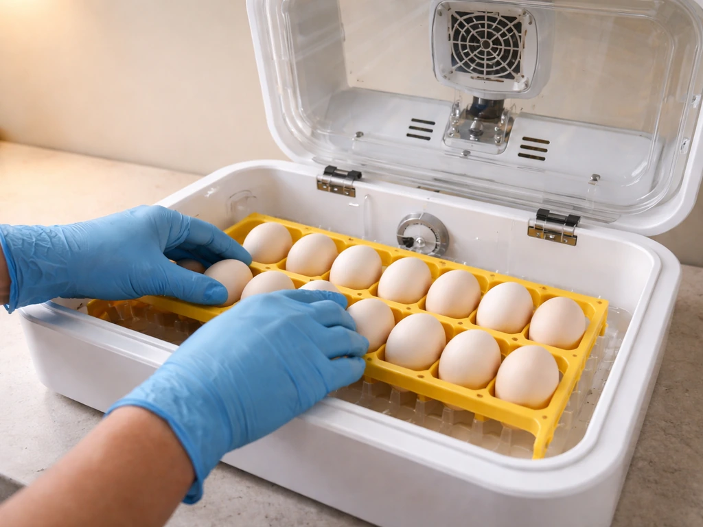 Incubator prepped on a worktable with eggs being placed into a turning rack before incubation