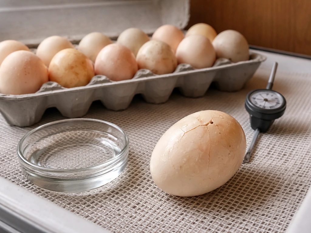 Close-up of candled eggs in a carton with one cracked egg in incubation lockdown beside a humidity water dish.