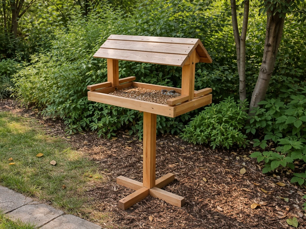 Wooden bird feeding table with perches and seed tray in a quiet backyard garden.