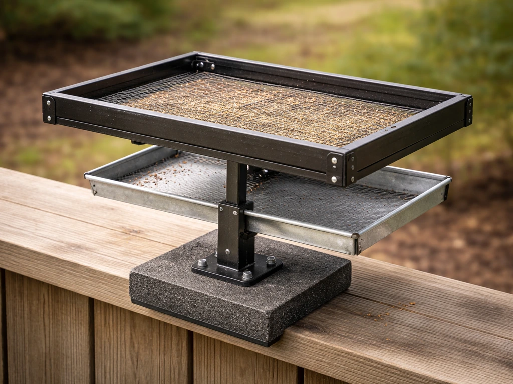 Minimal photo showing a sturdy bird feeding platform with an accessible tray base for easy cleaning.