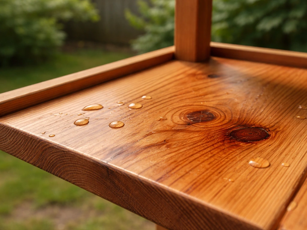 Close-up of weathered untreated cedar tabletop outdoors with natural grain and water beads