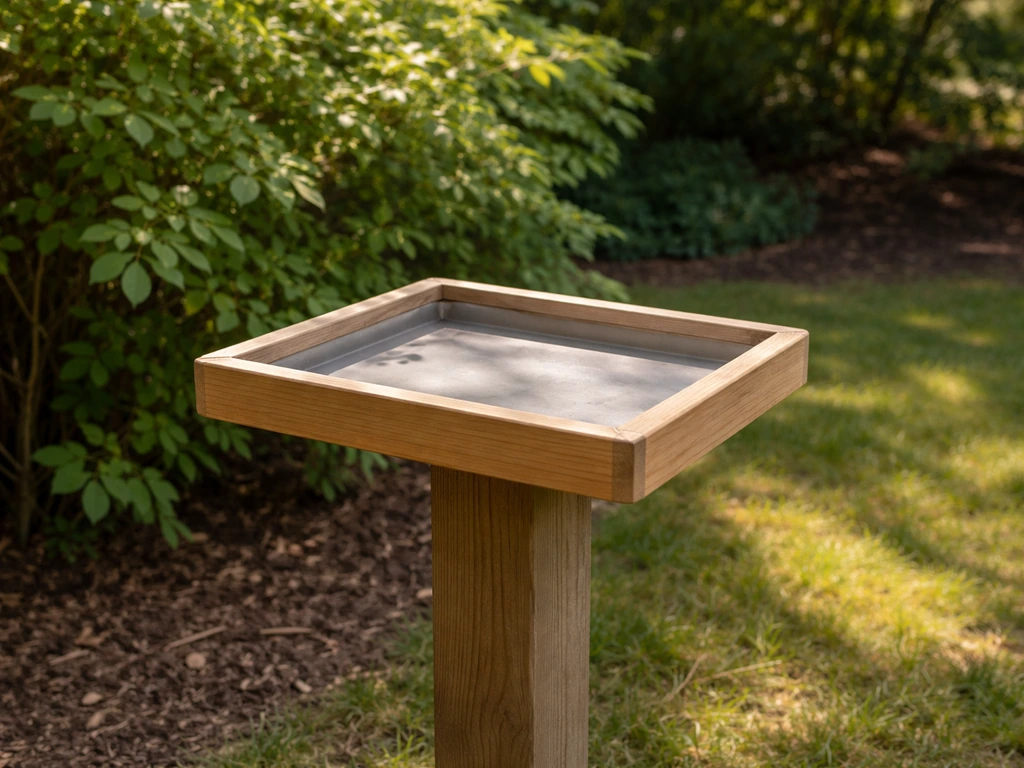 Close-up of a clean outdoor bird feeding area with sun and a safe, nearby cover creating calm conditions.
