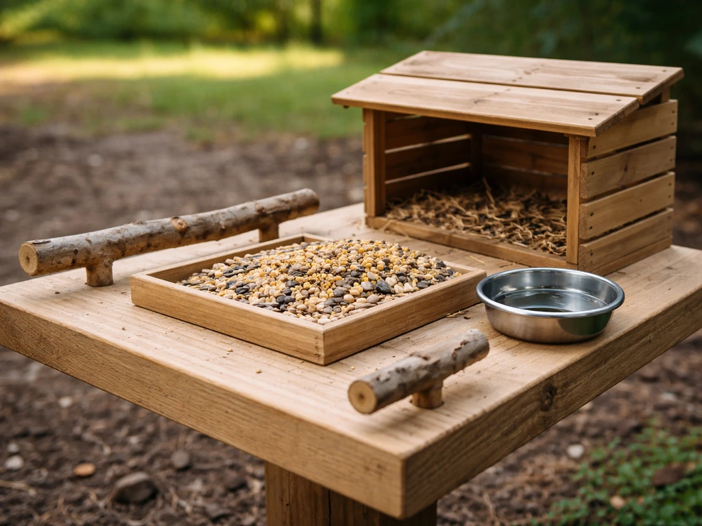 Minimal bird feeding station with perches, seed tray, water dish, and small shelter in a backyard.