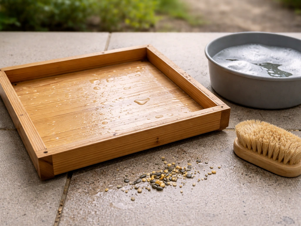 Freshly cleaned bird feeder platform with scrub brush and soapy water basin nearby on a patio.