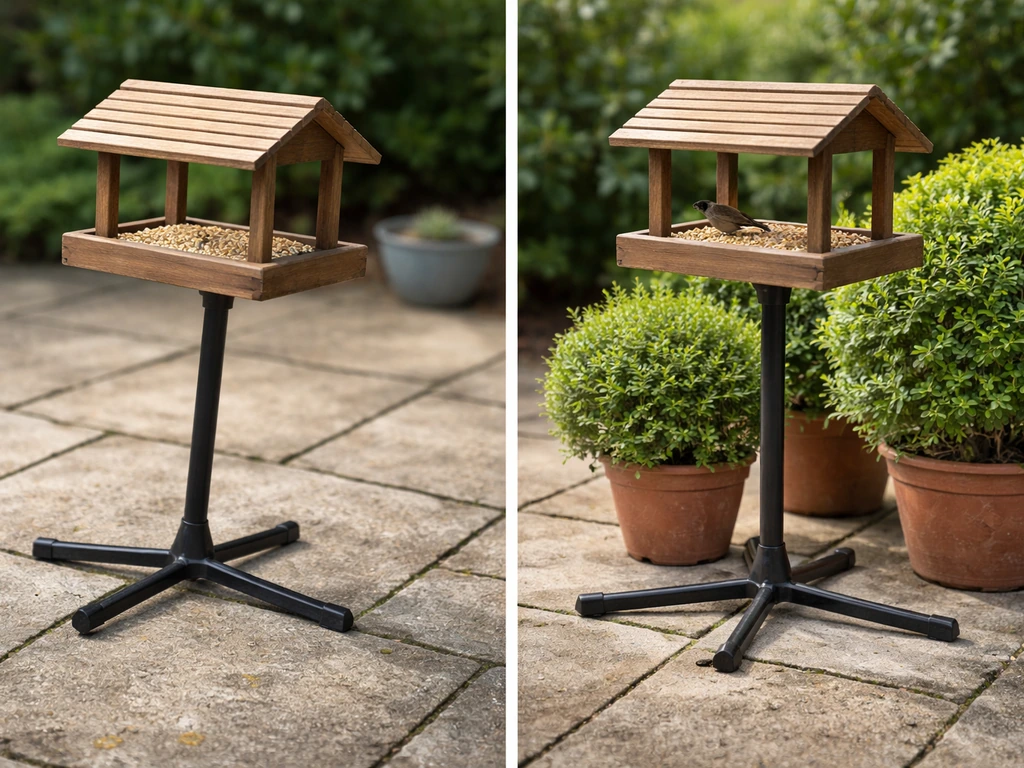 Side-by-side bird feeding tables showing an unsteady wobbling setup versus a properly secured one with nearby cover.