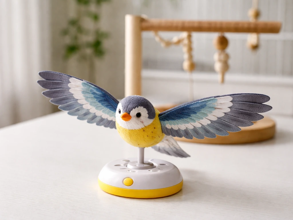 Flapping-wing flying bird cat toy placed beside a bird play area, showing the safe motion mechanism.