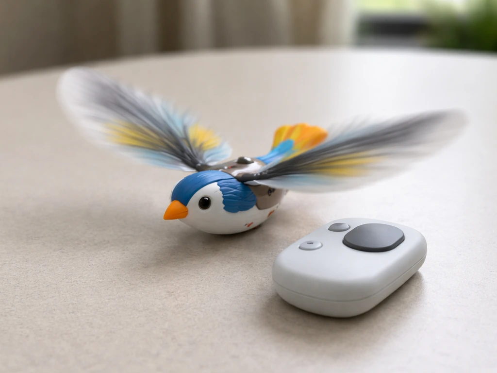 Close-up of a small toy bird with flapping wings and its remote/touch control base