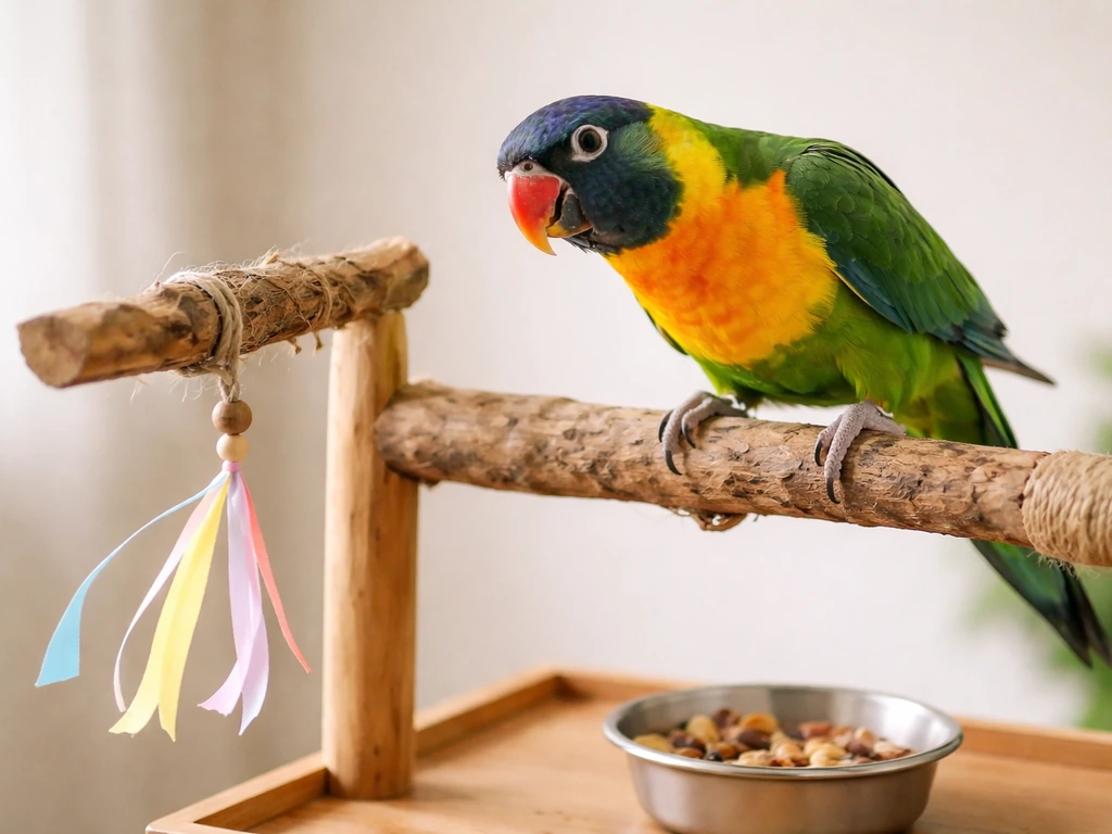 Small parrot perched on a stand with a fluttering toy dangling to encourage natural foraging