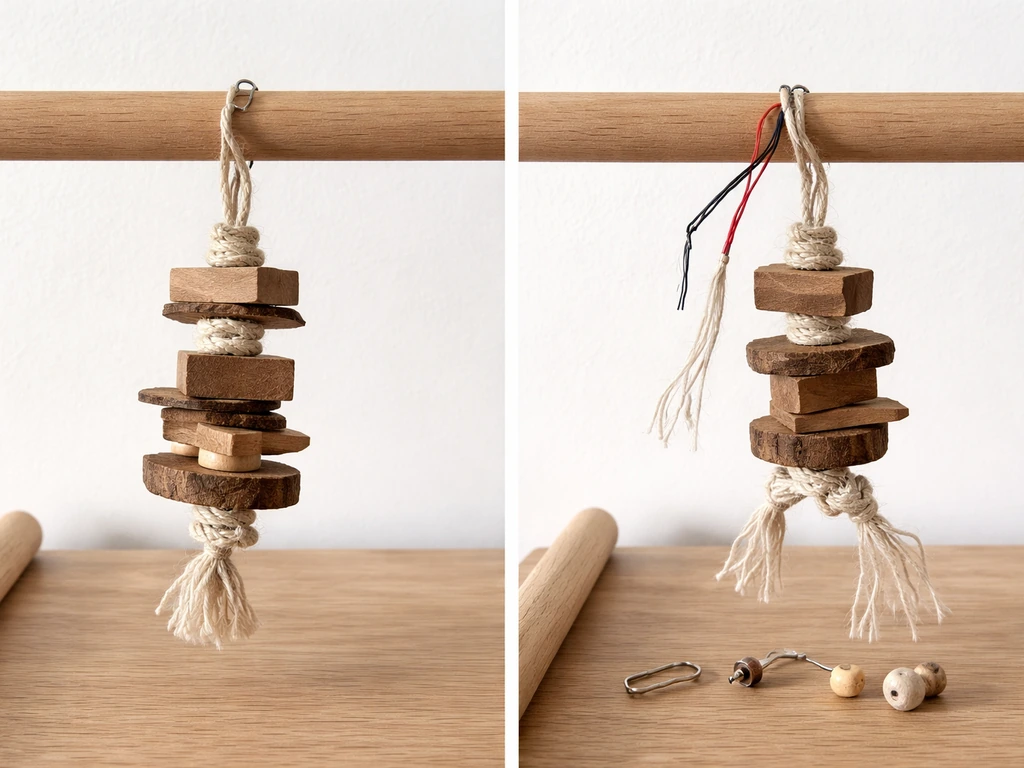 Two halves showing a bird-safe toy setup beside an unsafe setup with loose parts and exposed wire.