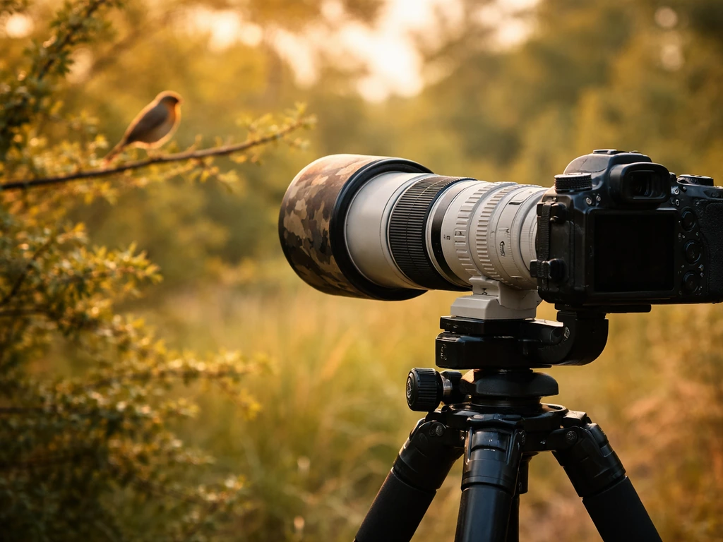 Tripod-mounted long telephoto camera aimed at a perched bird in golden-hour light.