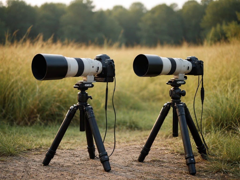Side-by-side DSLR and mirrorless camera setups with long telephoto bird lenses in a grassy field.