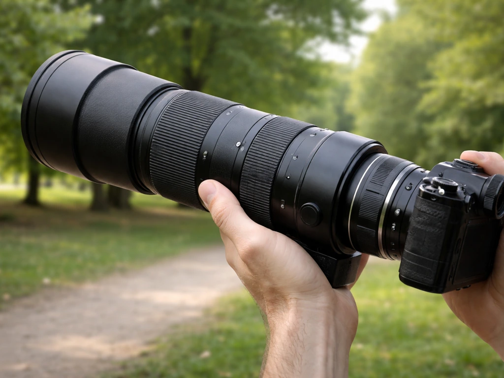 Photograph of a photographer holding a 150-600mm telephoto lens with zoom ring visible outdoors.