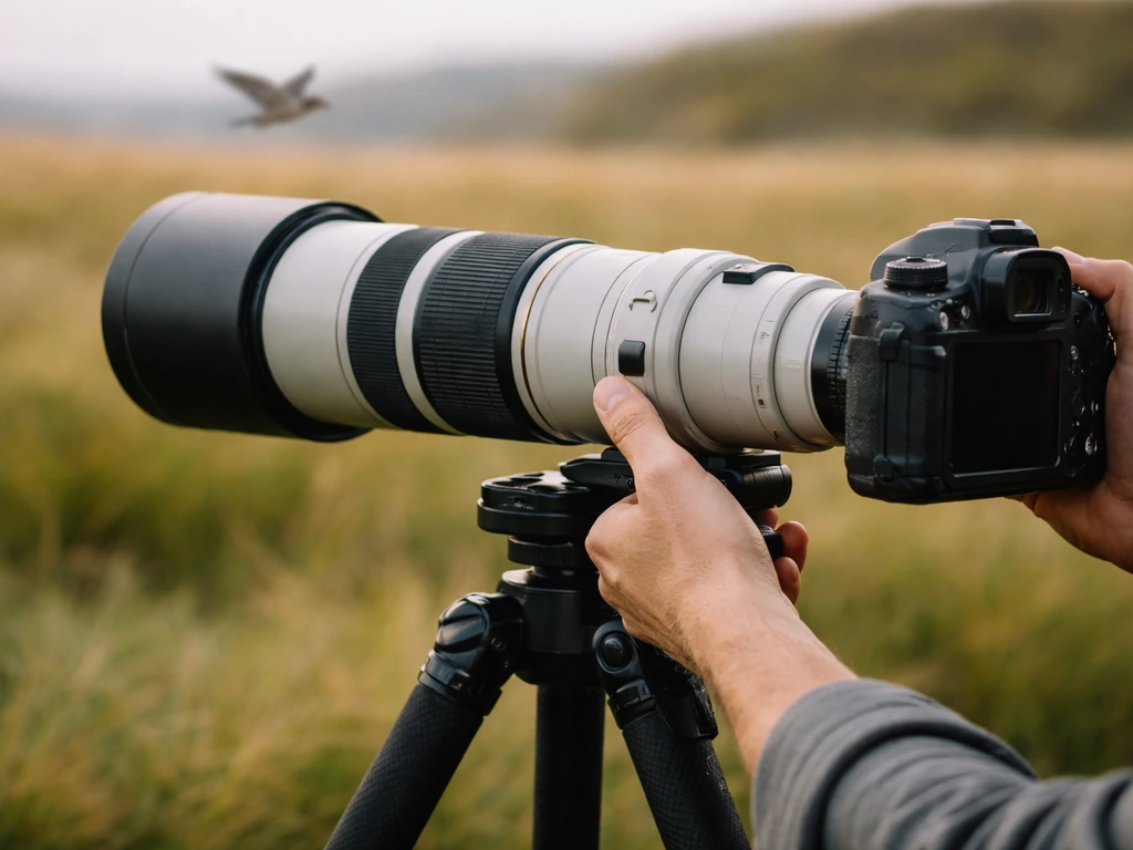 Hands bracing a 500–600mm lens on a tripod while panning for a bird in flight.