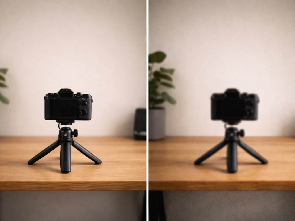 Two side-by-side camera shots on a desk: one sharp and properly exposed, one blurry and noisy.