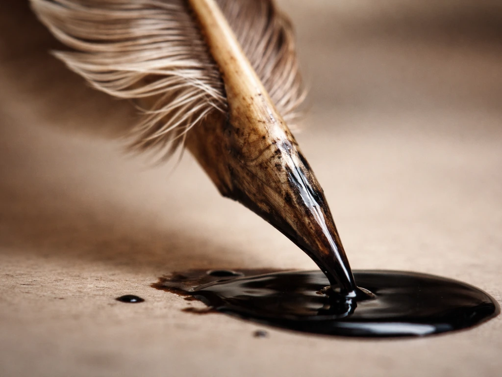 Macro close-up of a carved feather quill nib dipping into dark ink with visible feather construction.