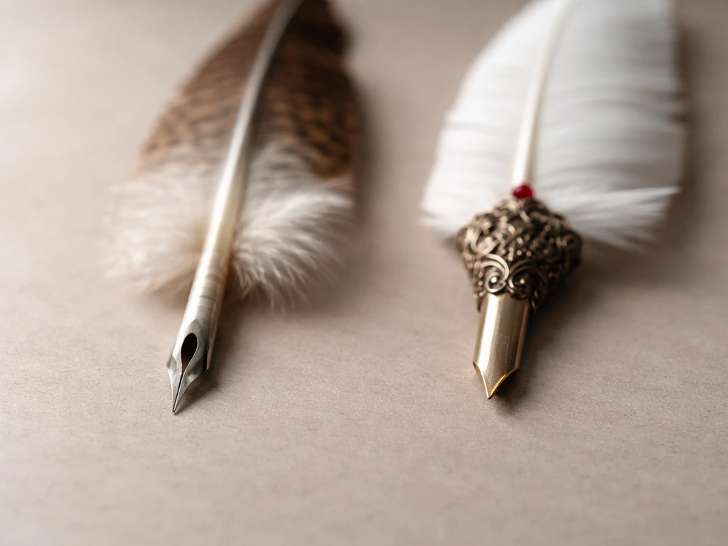 Close-up side-by-side of a quill nib pen and an uncut decorative feather pen with no working slit