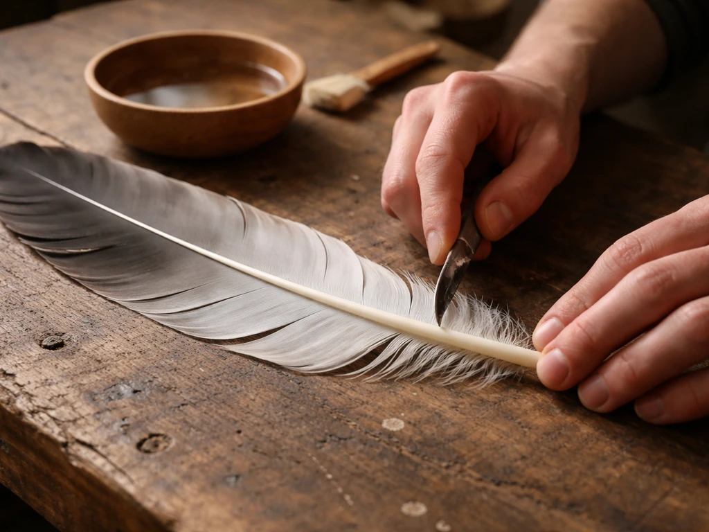 Feather quill maker cleaning a large feather at a wooden workbench, tools nearby