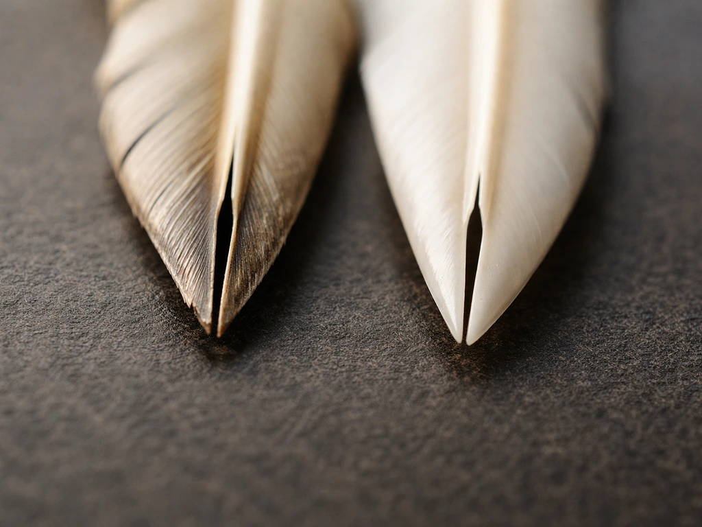 Macro view comparing a carved quill nib tip vs a smoother fake lookalike on a dark table.