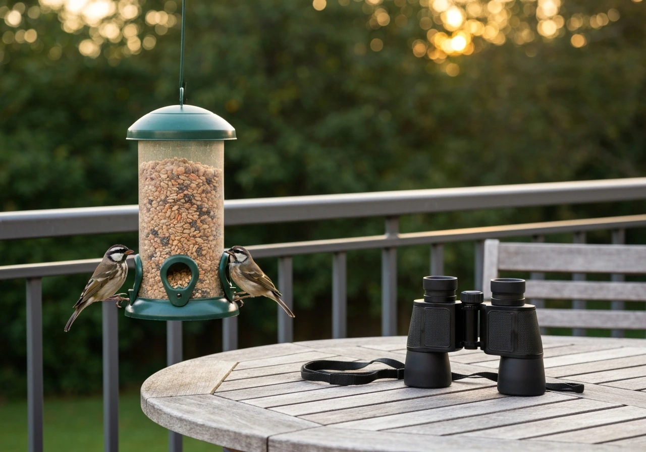 Two songbirds on an ethical feeder with binoculars resting nearby on a backyard patio table.
