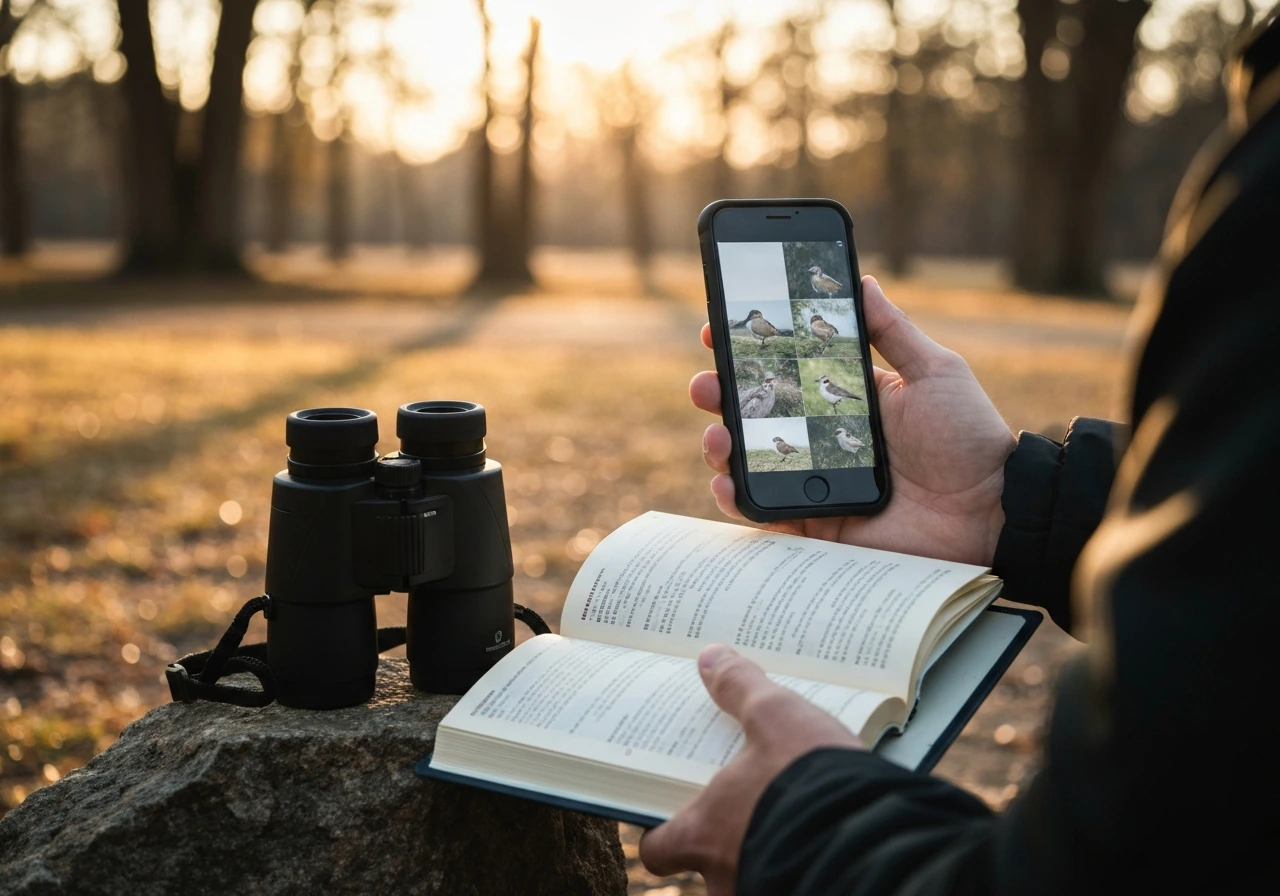 Birdwatcher using smartphone birding app beside binoculars and a field guide outdoors at golden hour.