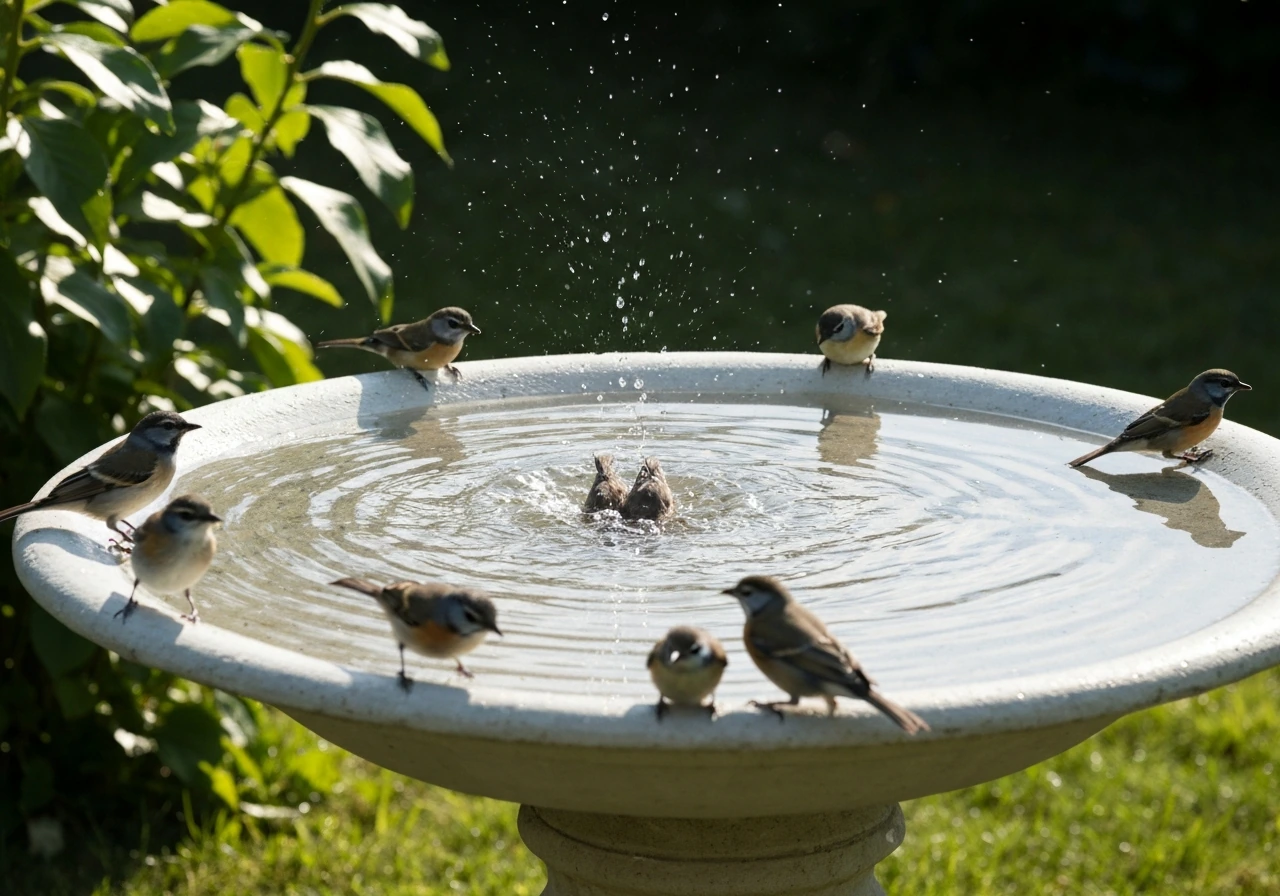 Small birds bathing in a shallow, clean birdbath with gentle splashes in a quiet garden