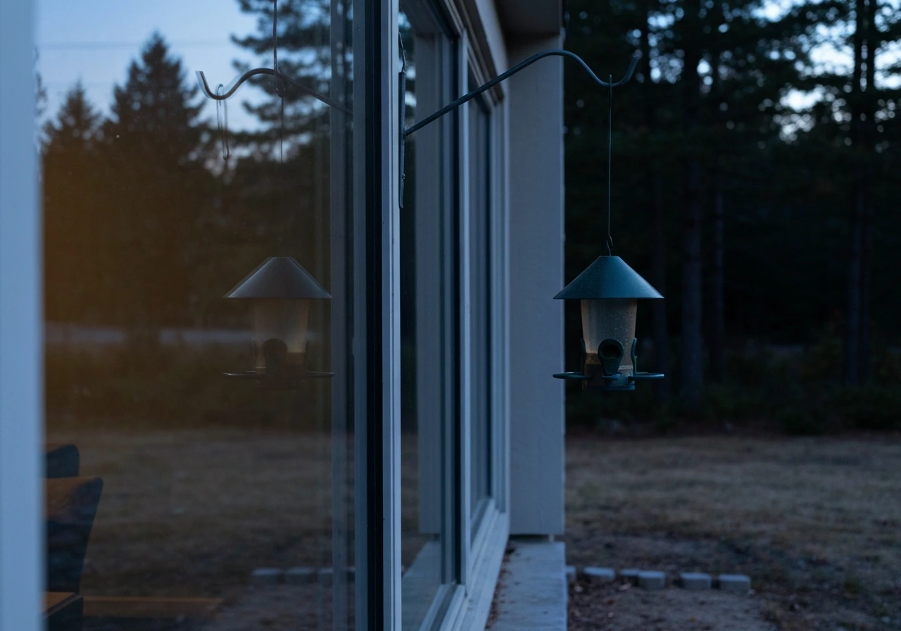 Outdoor bird feeder hanging just a few feet from a clear glass window, highlighting window-strike risk.