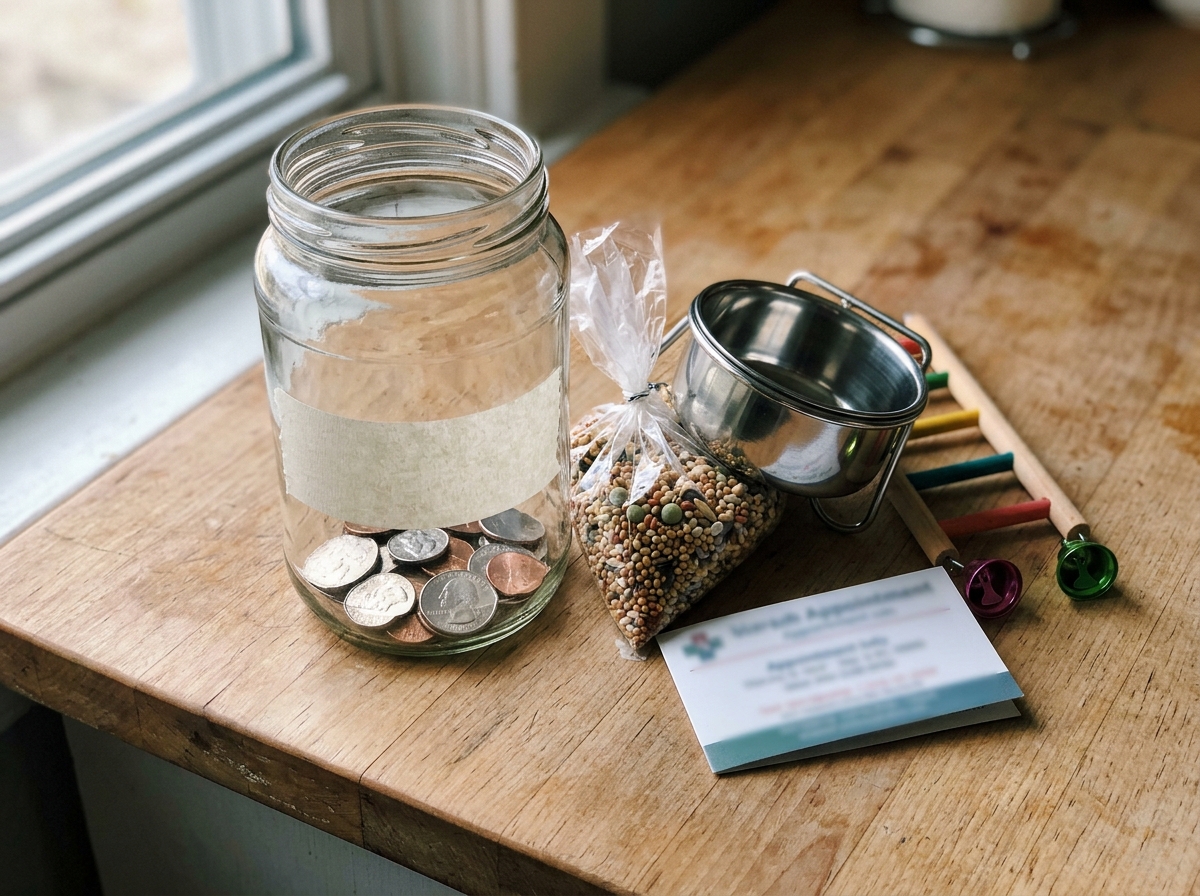Cost planning with a budget jar and pet bird supplies