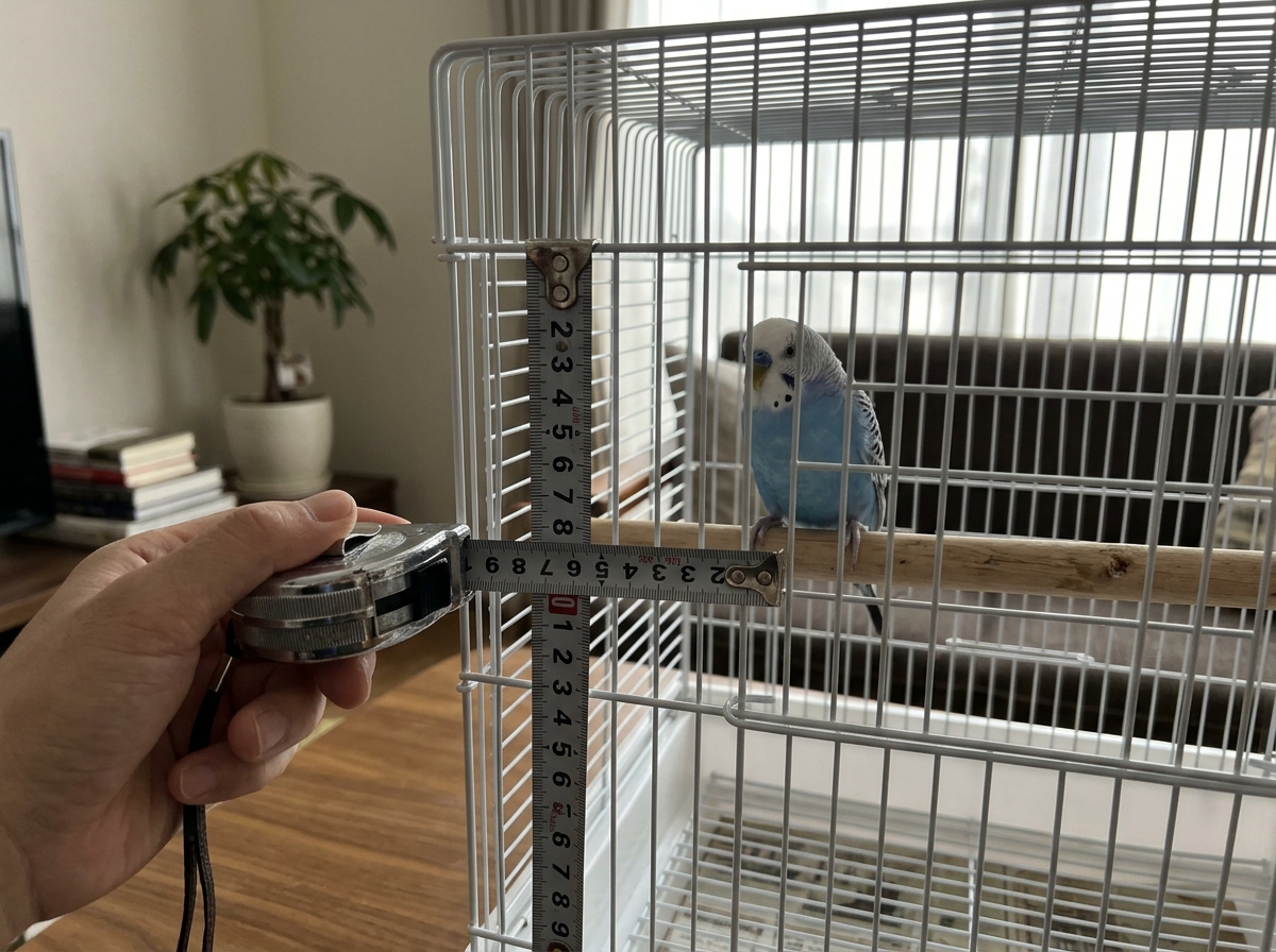 Bird-safe cage size and bar spacing comparison with measuring tape