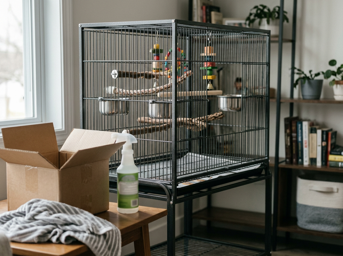 First-time bird pre-arrival setup with cage fully stocked