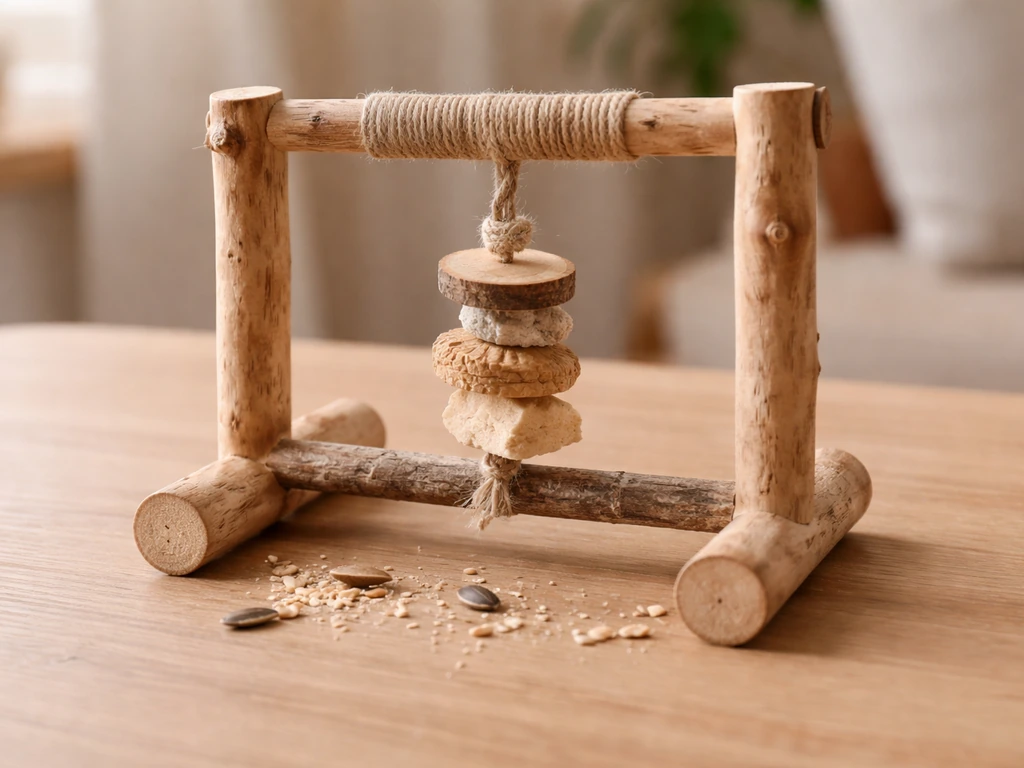 Minimal tabletop shot of a bird chew-and-perch toy with small wood shavings under it.