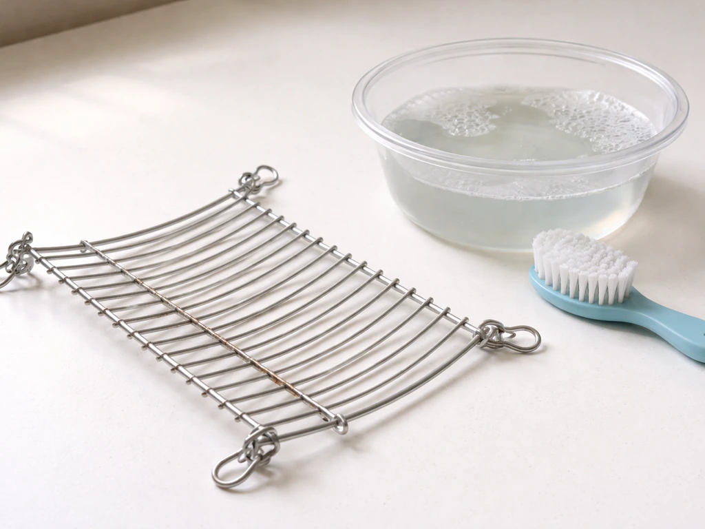 Rat-safe wire-bar toy hammock on a simple tabletop with a washing basin and scrubbing brush
