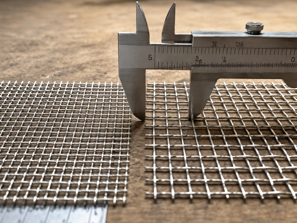 Close-up of two wire mesh samples measured with a caliper to show tight spacing for small birds.