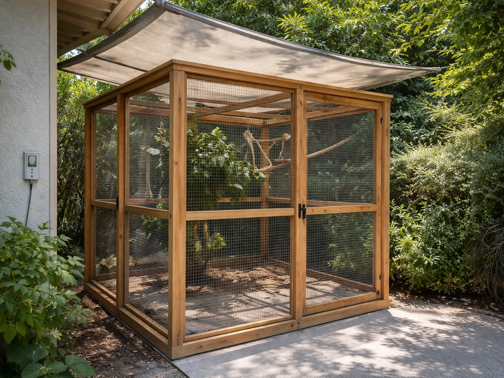 Outdoor aviary with sun/shade cover and a nearby temperature monitor probe for airflow and heat planning.