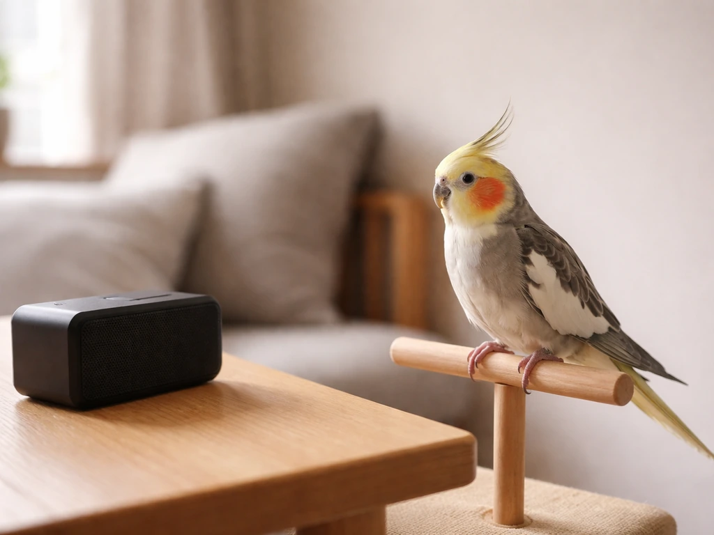 A calm pet budgie/cockatiel perched near a small phone speaker in a quiet room.