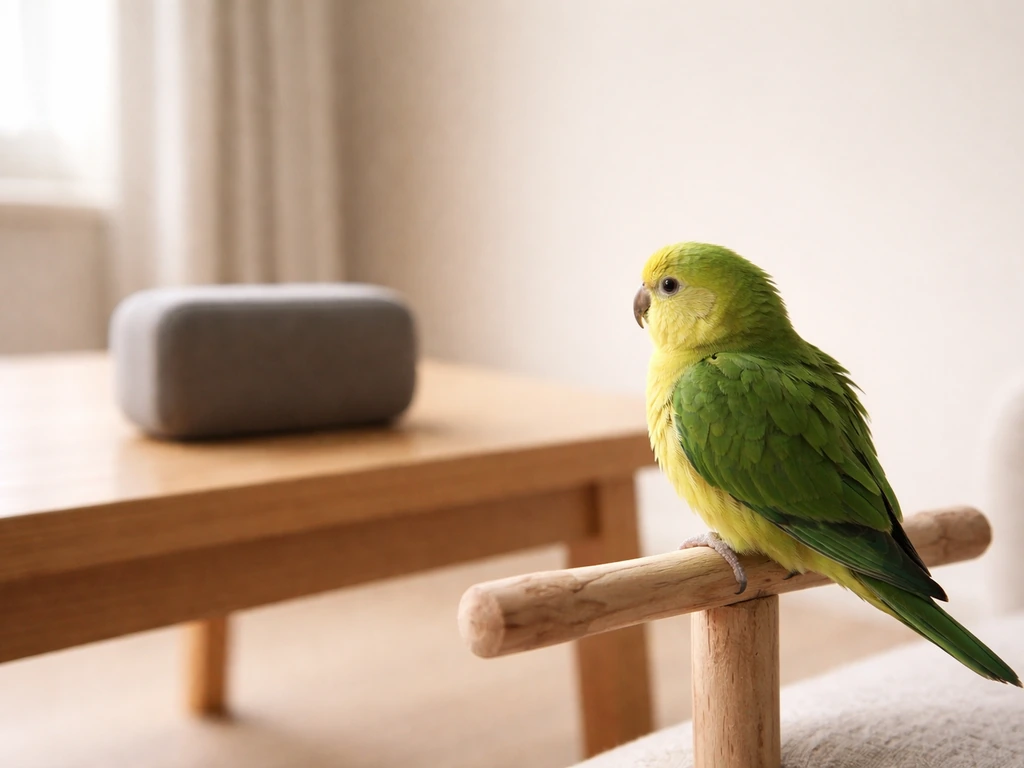 A calm pet parrot perched indoors, relaxed posture while a small speaker plays bird sounds nearby.