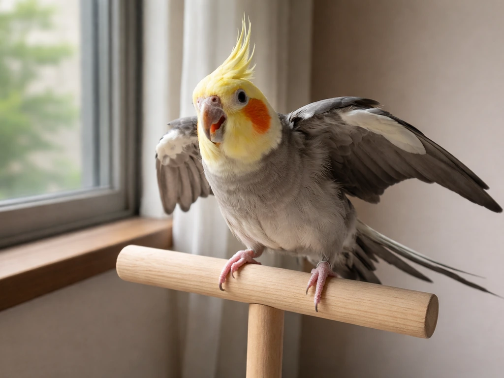 A cockatiel looks alarmed and tense as if reacting to harsh loud playback in a quiet indoor room.