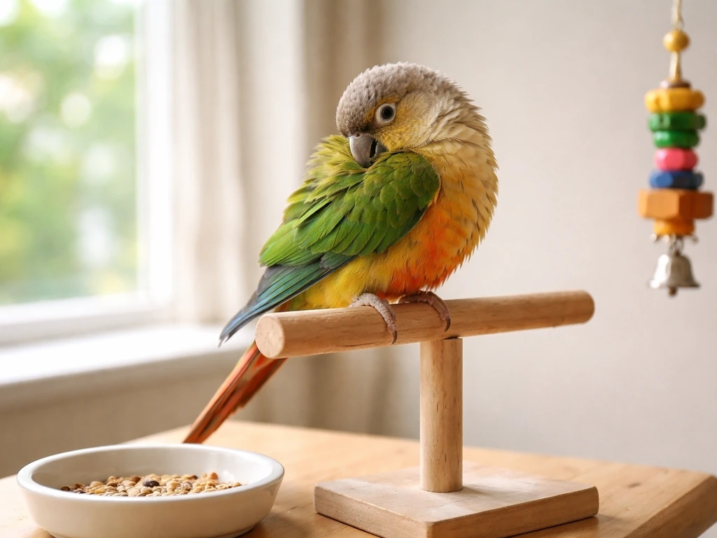 Small parrot calmly preening near a simple foraging dish in a bright, quiet room.
