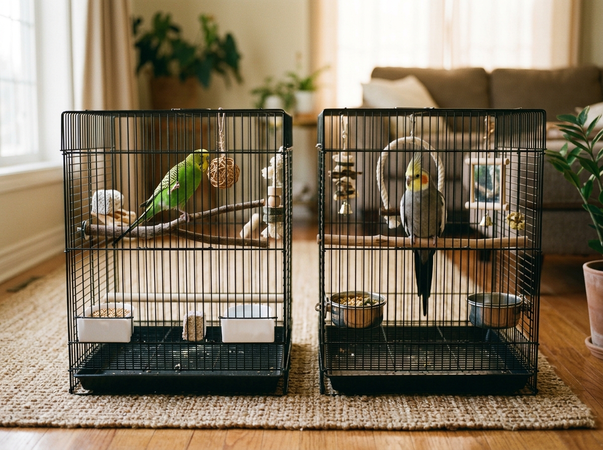 Side-by-side budgie and cockatiel cage setups showing key beginner differences.