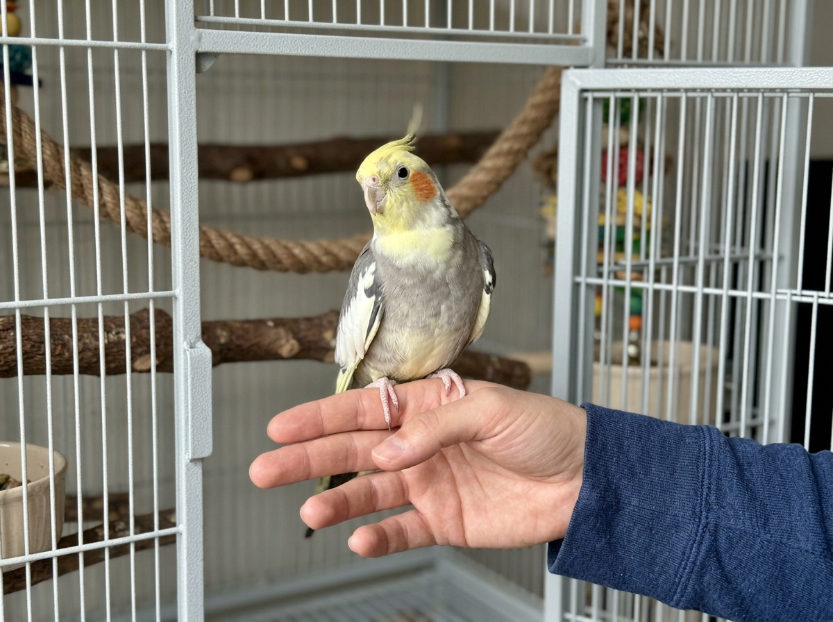 Cockatiel calmly stepping onto an open hand next to the cage.