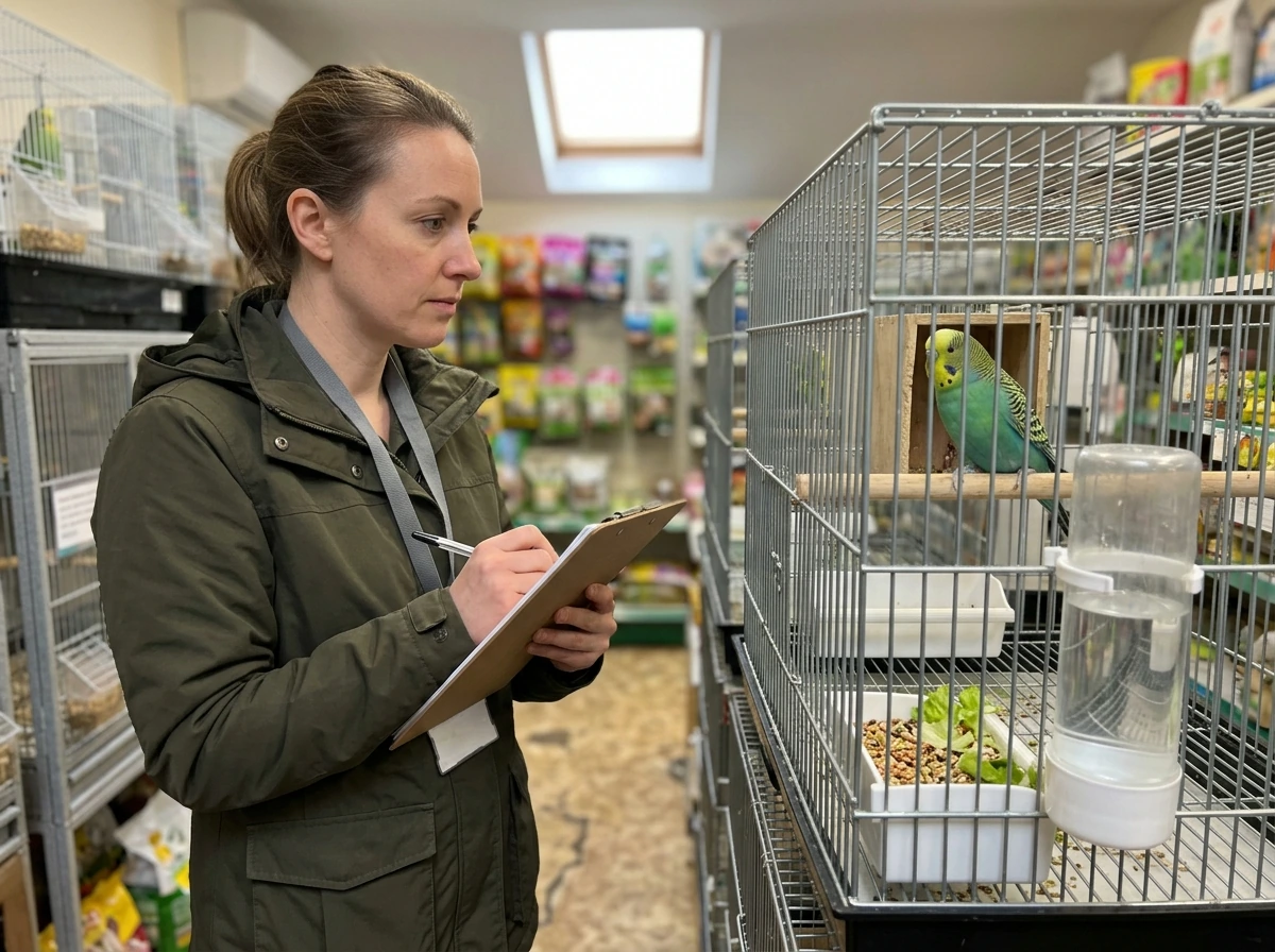 Buyer observing a bird in-store with a pen-and-clipboard inspection setup.