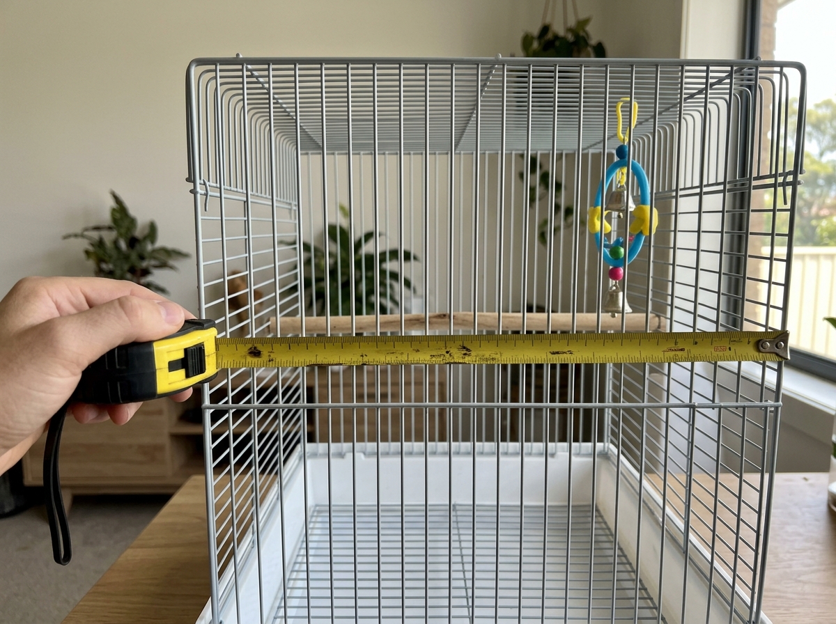 Tape measure held against cage dimensions to show sizing and bar spacing.