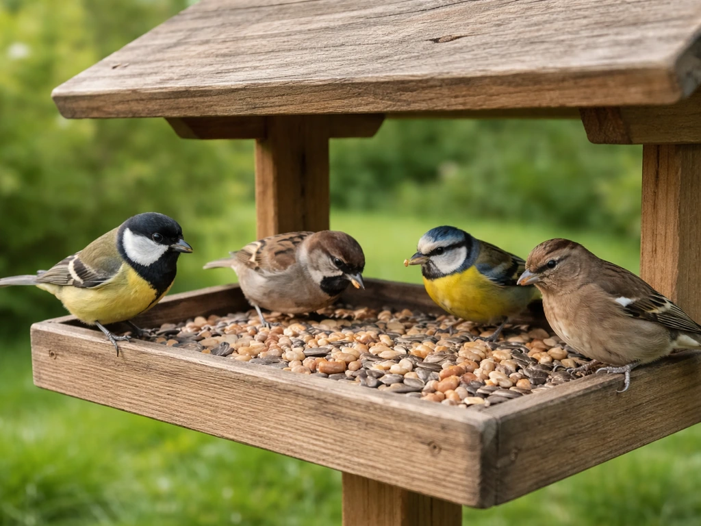 Wild garden birds feeding from an elevated bird table tray with a small roof in a quiet garden.