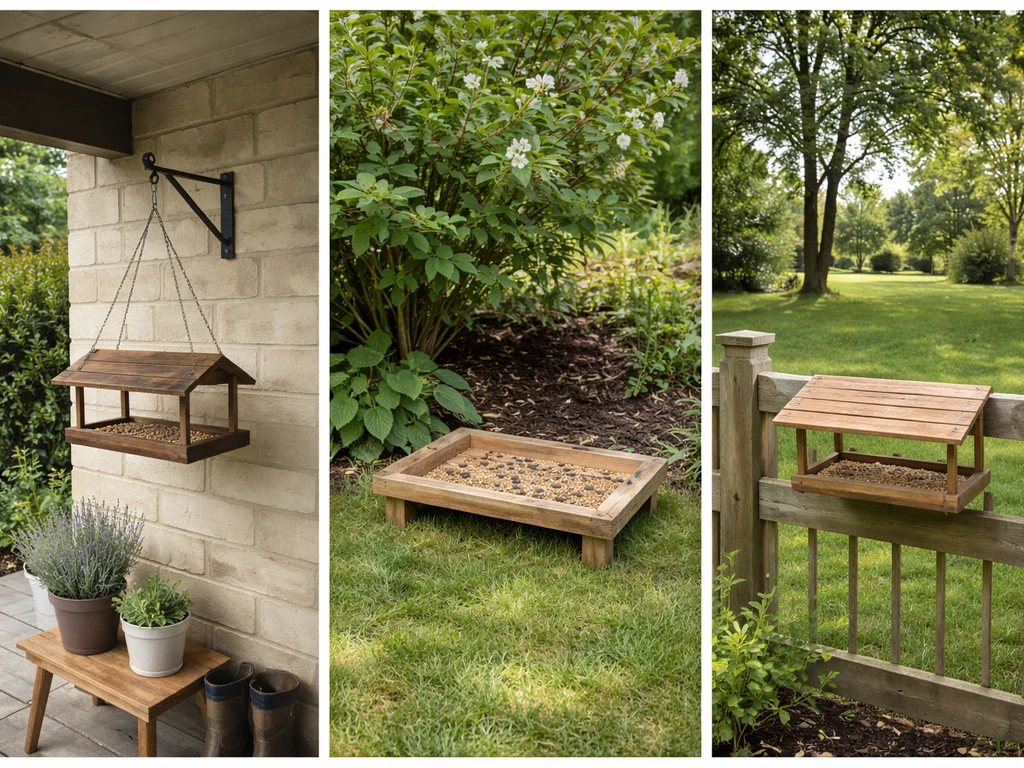 Three simple setups showing wall-mounted hanging, low freestanding, and fence-mounted bird tables in different spaces.