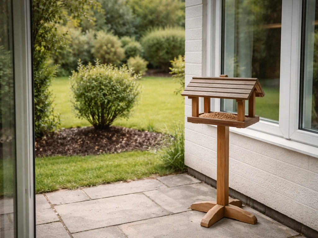 Bird table placed near a window with a clear view to cover and a safe line of sight.