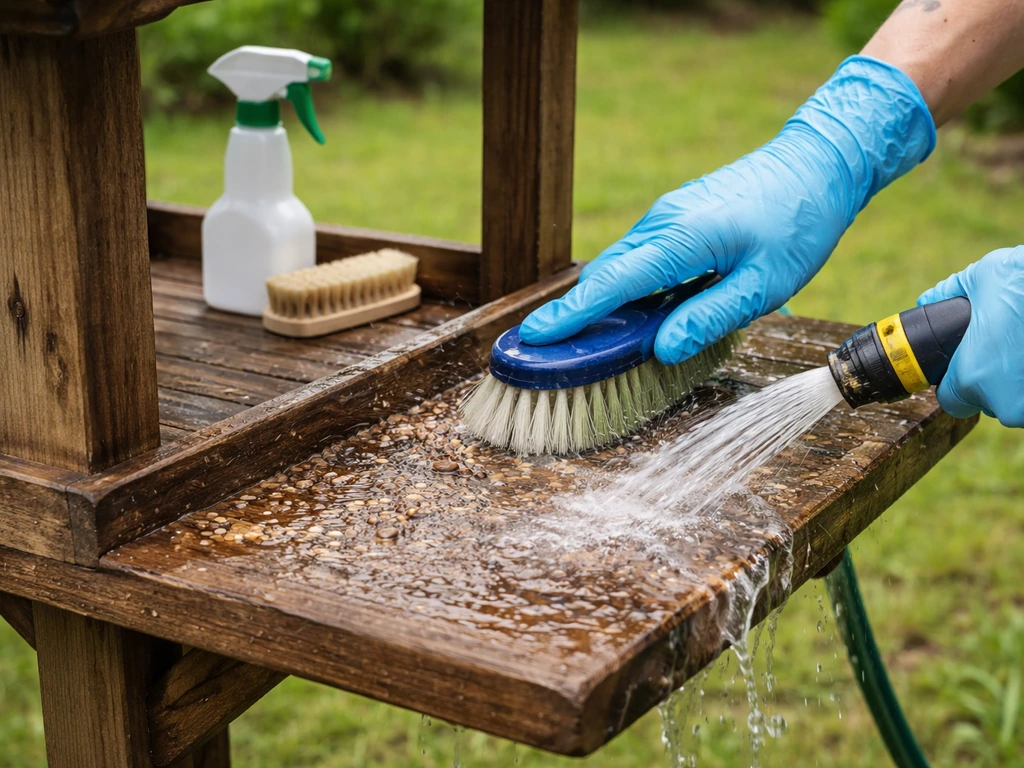 Gloved hands scrubbing and rinsing a dirty bird table outdoors with a hose and brush