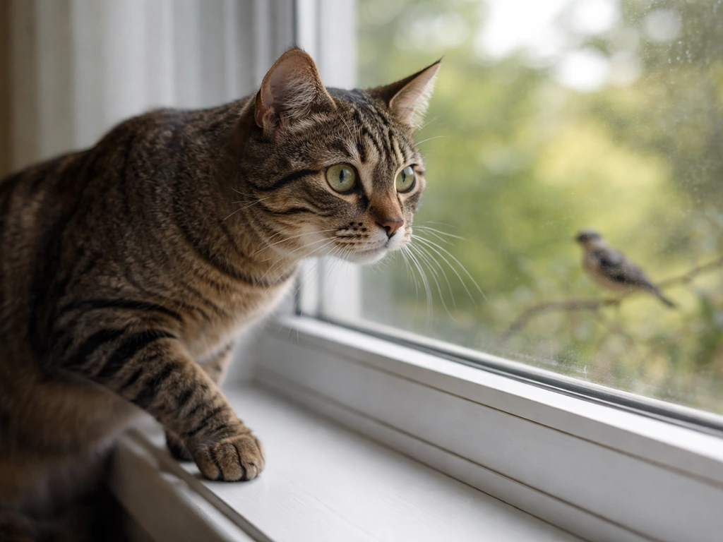 A domestic cat sits by a window staring intently at a small bird outside