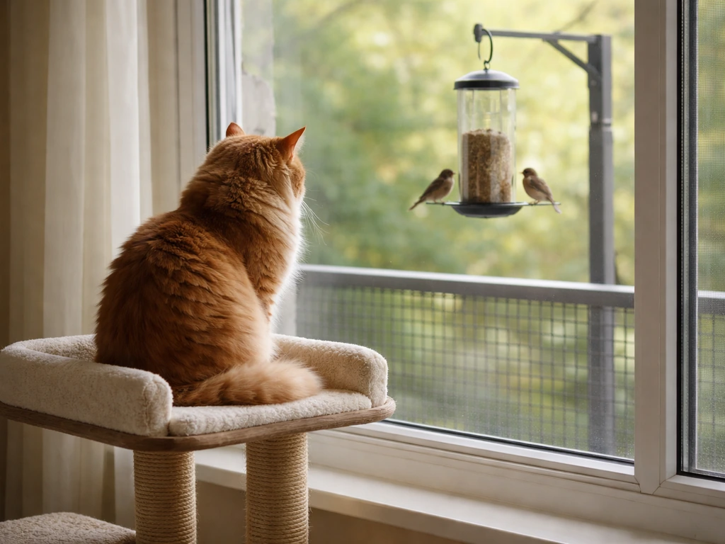 Cat window perch at window height with a clear view to a bird feeder behind a safe glass barrier.